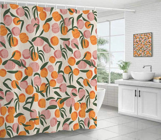 Peach Pattern Shower Curtain Waterproof Polyester Fabric,Home Bathroom Decor Hanging Curtain with Hooks,Size W*H