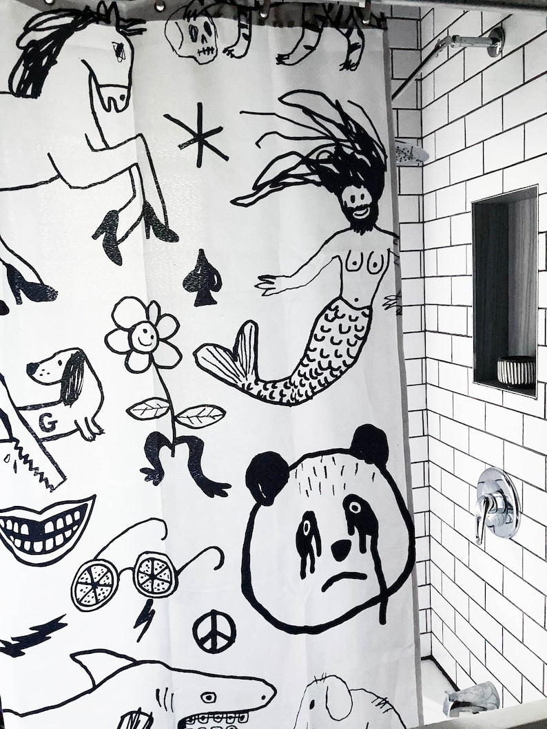 Black and white handrawn shower curtain print for bathroom, unique doodle design by canadian artist, water resistant and washable fabric