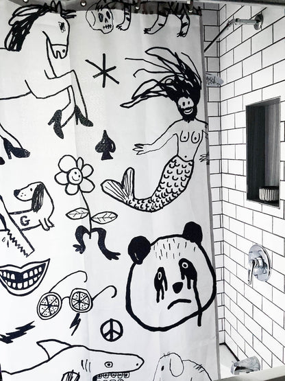 Black and white handrawn shower curtain print for bathroom, unique doodle design by canadian artist, water resistant and washable fabric