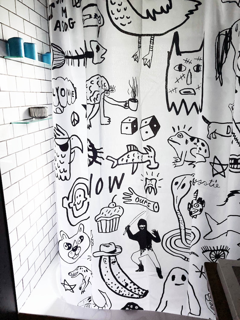 Black and white handrawn shower curtain print for bathroom, unique doodle design by canadian artist, water resistant and washable fabric