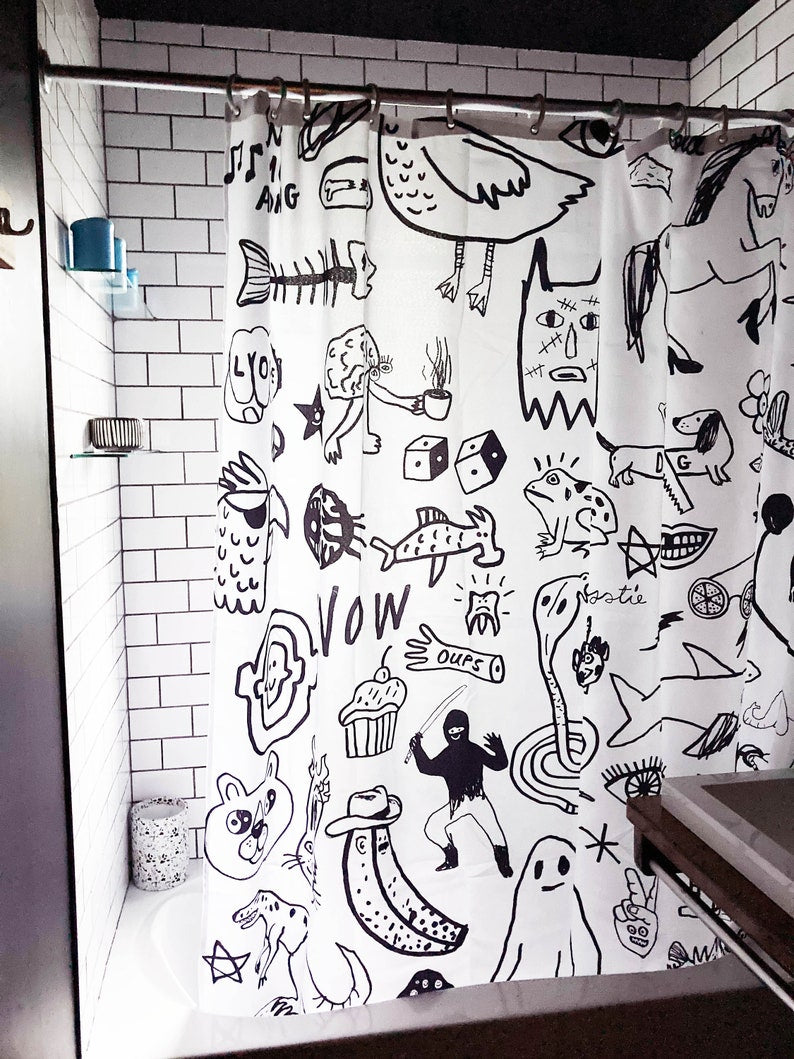 Black and white handrawn shower curtain print for bathroom, unique doodle design by canadian artist, water resistant and washable fabric