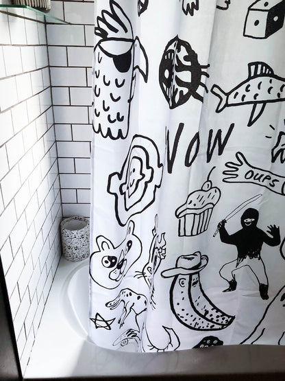 Black and white handrawn shower curtain print for bathroom, unique doodle design by canadian artist, water resistant and washable fabric