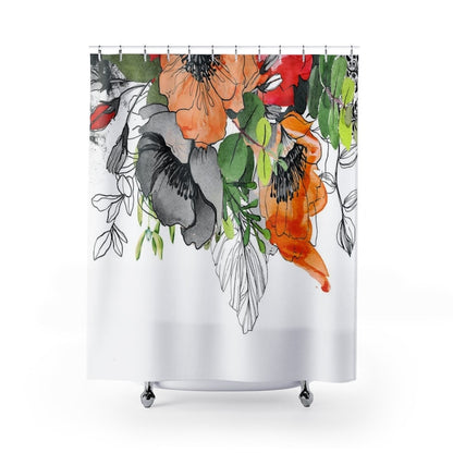 Shower Curtain Boho, Watercolor Leaves and Flowers Shower Curtains, 71x74 in, Orange, Red, Green and Black