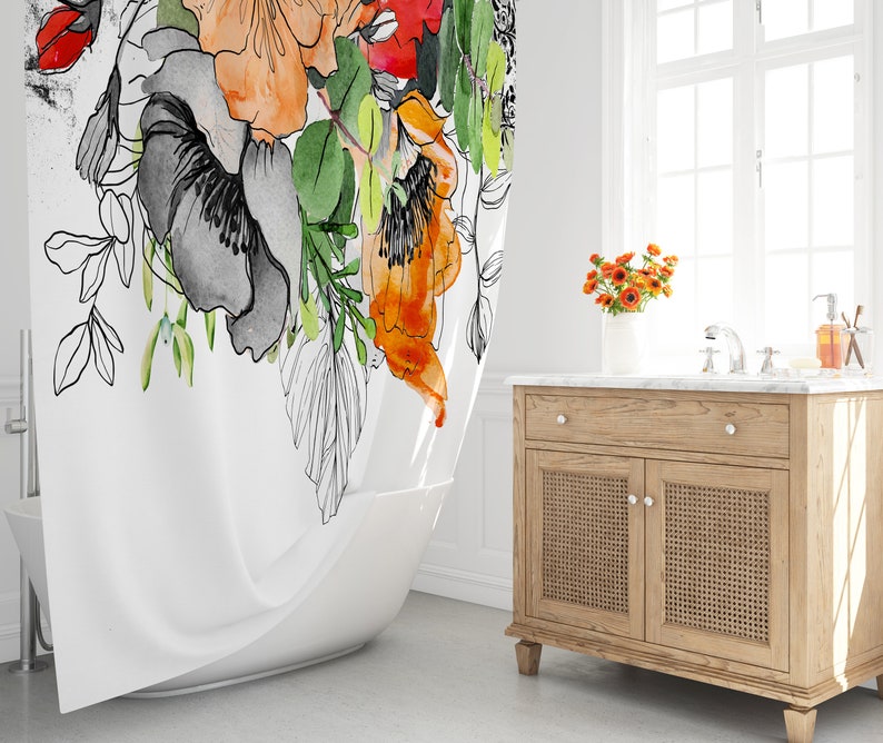 Shower Curtain Boho, Watercolor Leaves and Flowers Shower Curtains, 71x74 in, Orange, Red, Green and Black