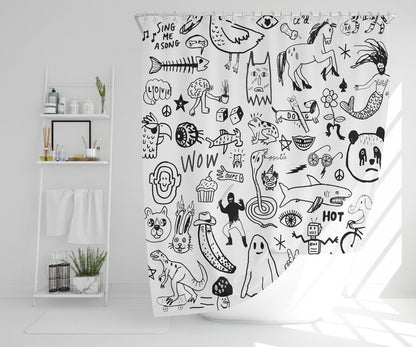 Black and white handrawn shower curtain print for bathroom, unique doodle design by canadian artist, water resistant and washable fabric