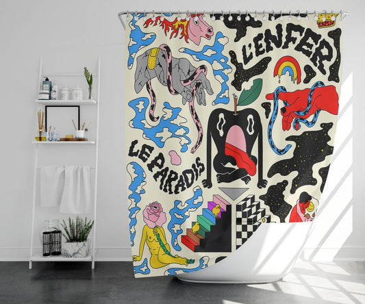 Unique shower curtain with original pattern by artist PONY, fabric waterproof and washable, abstract and colourful, cool house warming gift