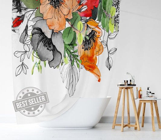 Shower Curtain Boho, Watercolor Leaves and Flowers Shower Curtains, 71x74 in, Orange, Red, Green and Black